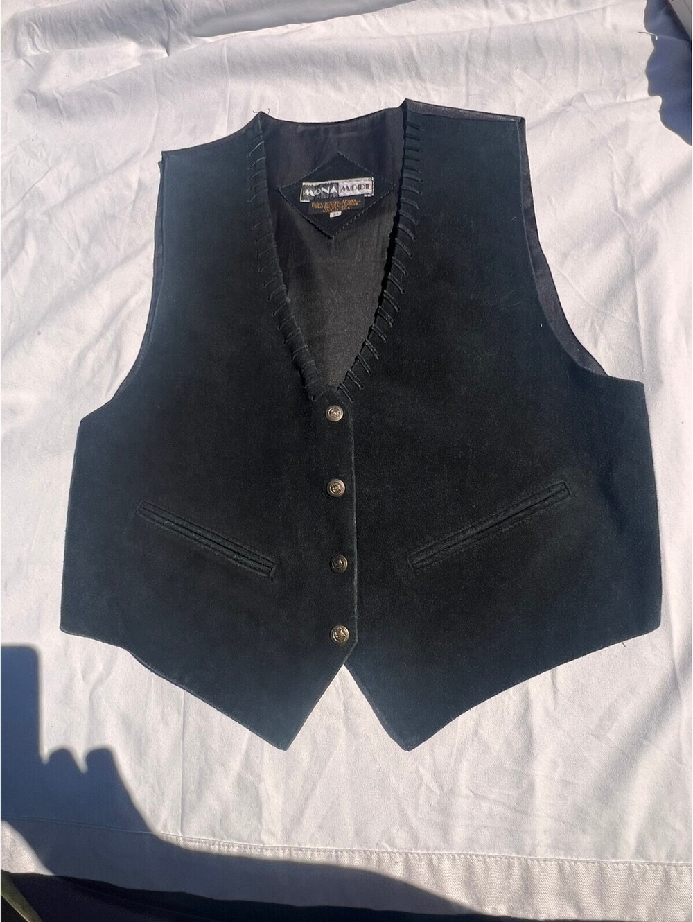 Vintage Mona Mode Black Leather Western Vest Whipstitch Cowboy Biker Size M